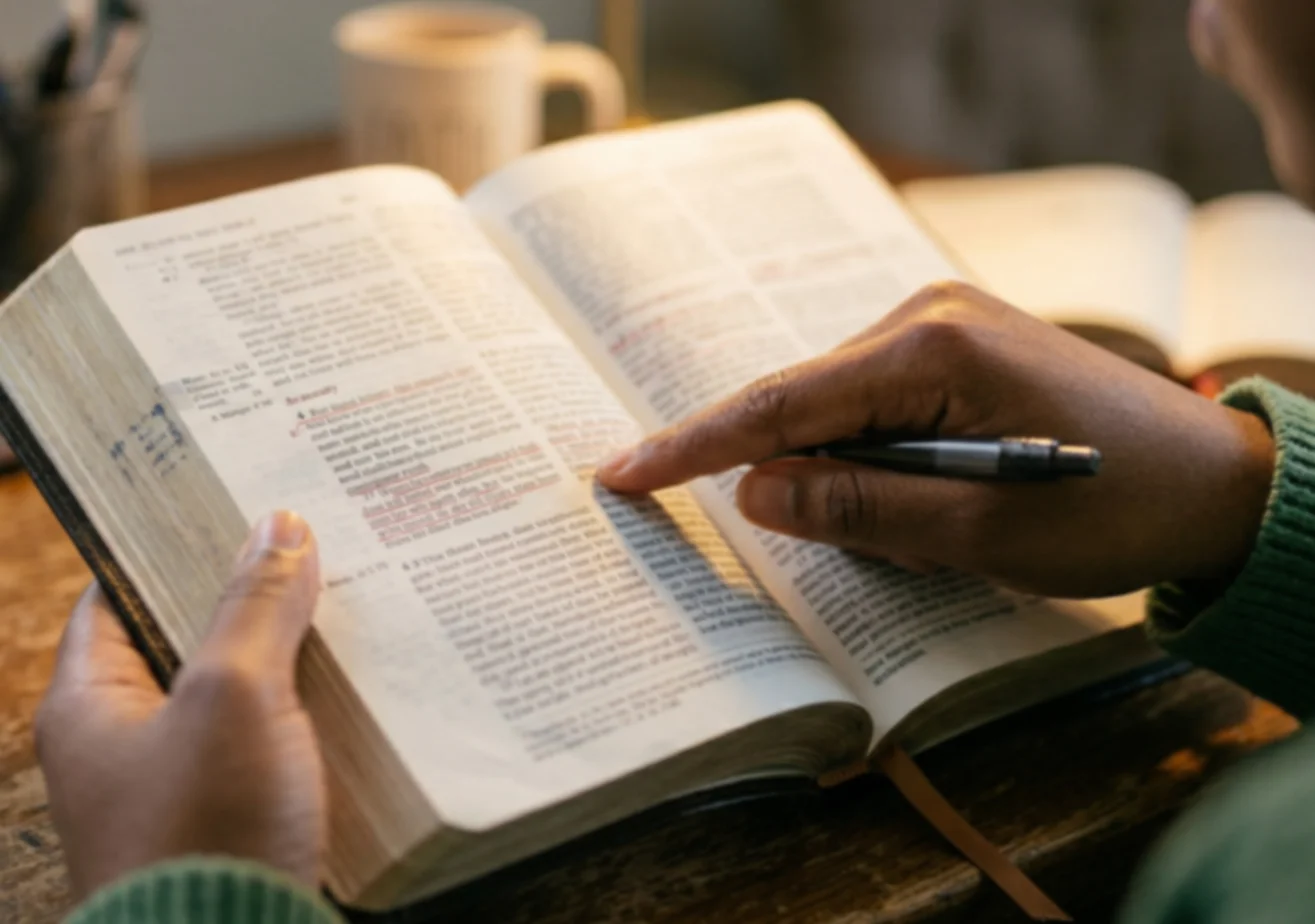 Person studying the Bible with a pen, tracing scripture on an open page